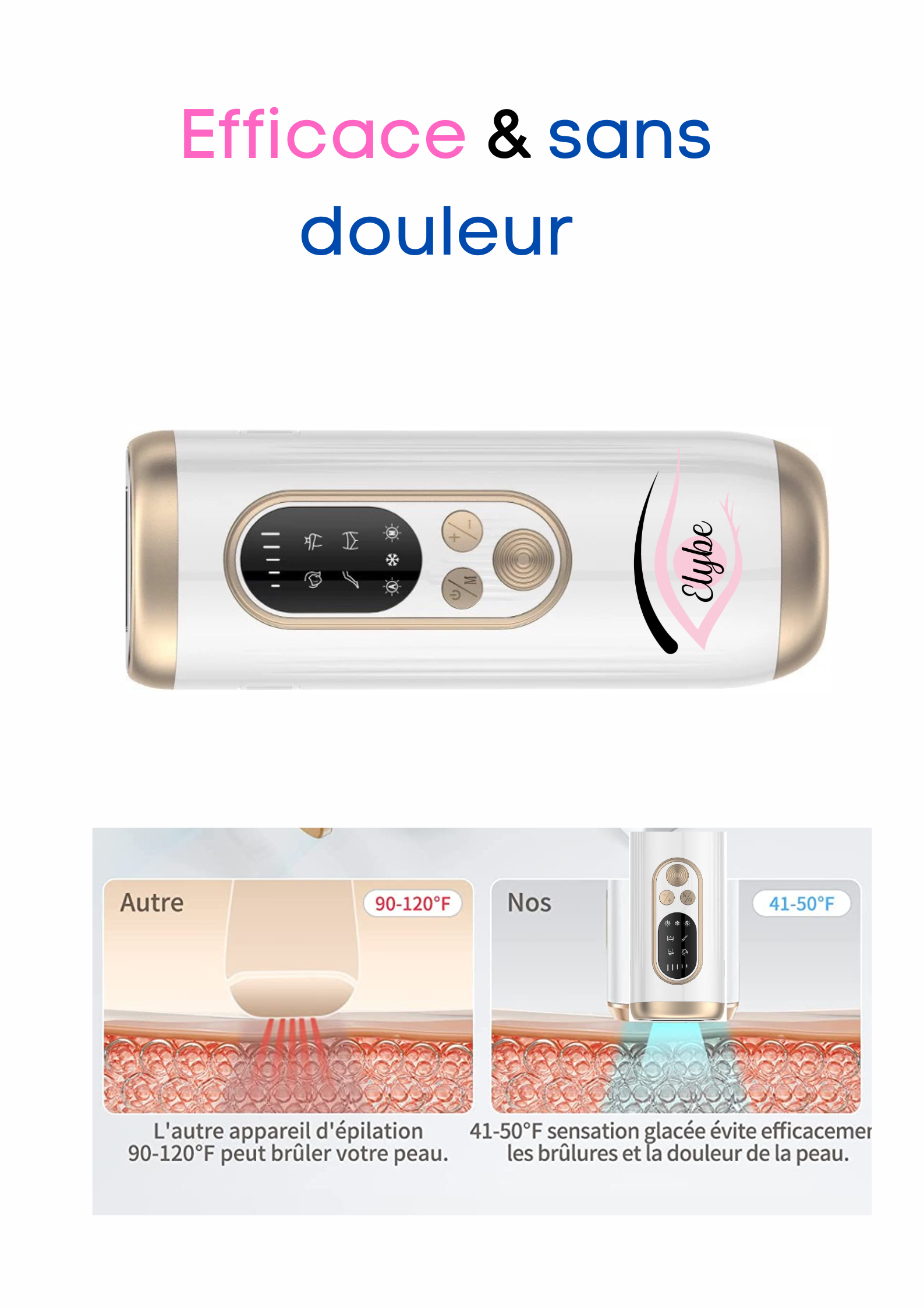 Elybe. Elybe épilateur lumière pulsée avec mode glace ,mode automatique et manuel avec un affichage LCD