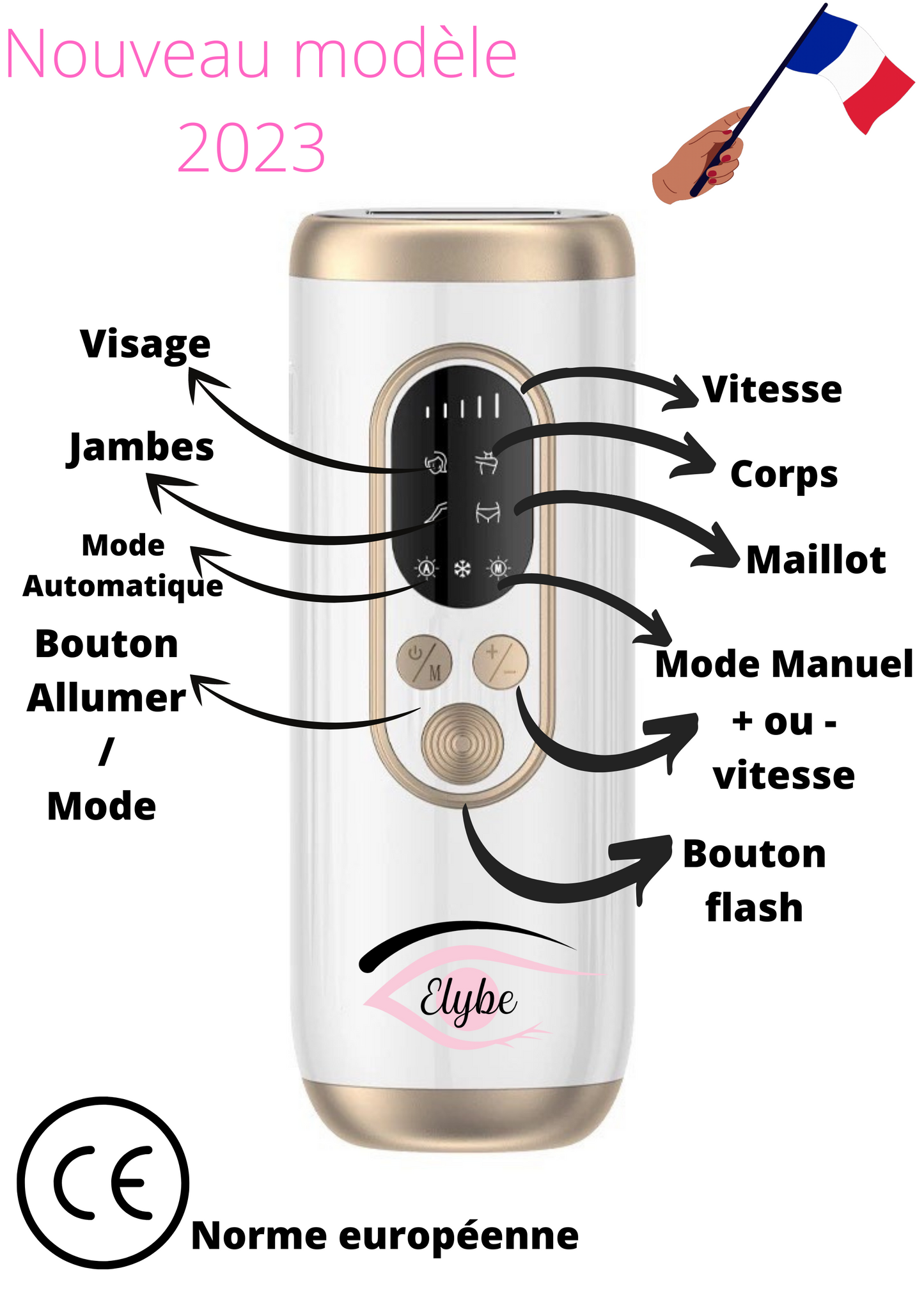 Elybe épilateur lumière pulsée avec mode glace ,mode automatique et manuel avec un affichage LCD